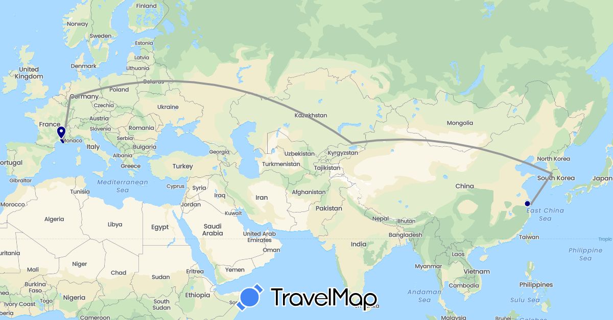 TravelMap itinerary: driving, plane in China, Germany, France, South Korea, Kazakhstan (Asia, Europe)